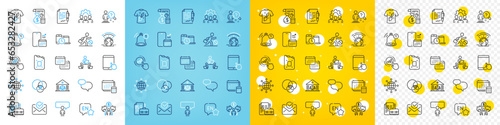 Vector icons set of T-shirt design, Court building and Canister oil line icons pack for web with International globe, Account, Chat message outline icon. Calendar, Graph chart. Vector