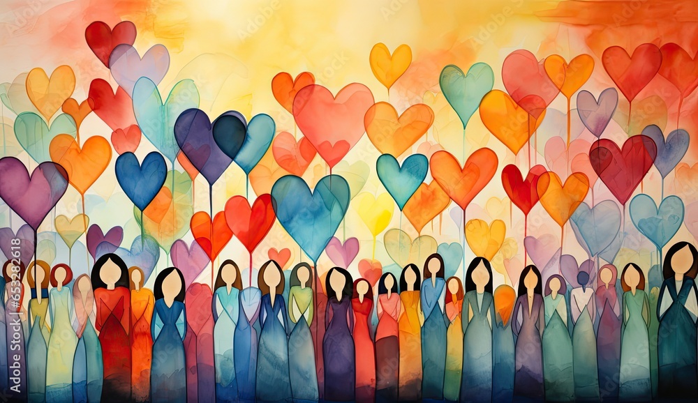 Tłum ludzi trzymających kolorowe serca. Symbol miłości i jedności.  - obrazy, fototapety, plakaty 