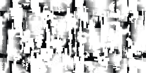 Glitch distorted grungy abstract forms . Halftone dots seamless pattern texture. Grange shapes .Grunge textured . Vector shapes with half tone dots .Screen print endless pattern texture