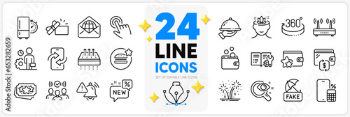 Icons set of Wallet, Web mail and 360 degrees line icons pack for app with New, Breathable mattress, Phone calculator thin outline icon. Refrigerator timer, Fireworks. Design with 3d stars. Vector
