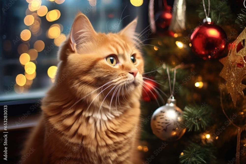 a pet cat near a new year tree with decorations a pet cat near a new year tree with decorations