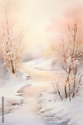 Winter landscape. Frozen river and snowy forest scenery. Watercolor painting. © ekim
