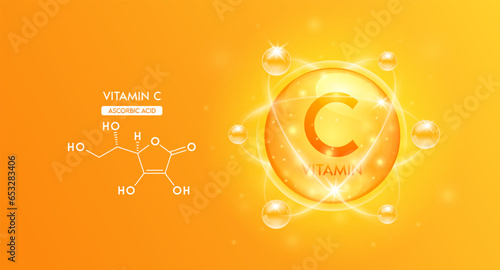 Vitamin C with structure chemical formula. Bubble collagen serum orange and Vitamins complex for cosmetics design. Medical concepts. Beauty treatment nutrition skincare. 3D Vector.