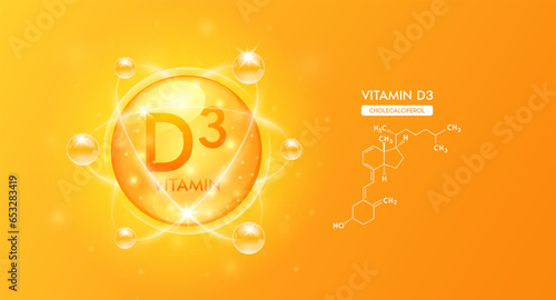 Orange vitamin D3 structure chemical formula. Collagen serum and vitamins complex bubble for cosmetics design. Beauty treatment nutrition skincare. Medical science concepts. 3D Vector.