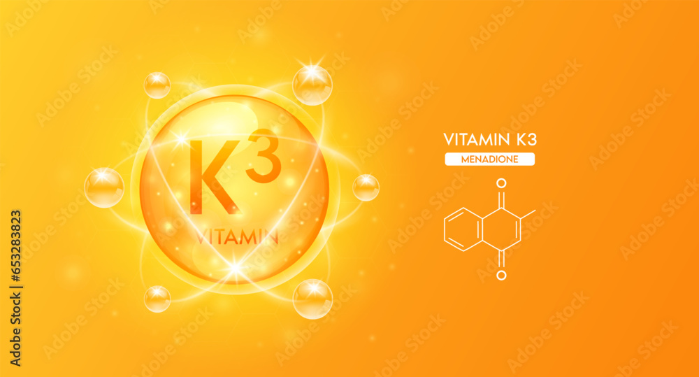 Orange vitamin K3 structure chemical formula. Collagen serum and