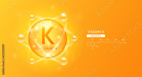 Orange vitamin K structure chemical formula. Collagen serum and vitamins complex bubble for cosmetics design. Beauty treatment nutrition skincare. Medical science concepts. 3D Vector.