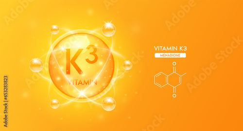 Orange vitamin K3 structure chemical formula. Collagen serum and vitamins complex bubble for cosmetics design. Beauty treatment nutrition skincare. Medical science concepts. 3D Vector.