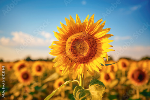 solitary sunflower at sunset  symbolizing the beauty and tranquility of nature as the sun s warm glow bathes the landscape in a golden hue.