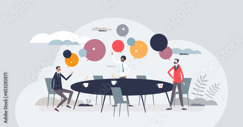 Collaborative brainstorming session with idea sharing tiny person concept. Business meeting with talking, arguing and different opinions communication vector illustration. Teamwork and partnership.