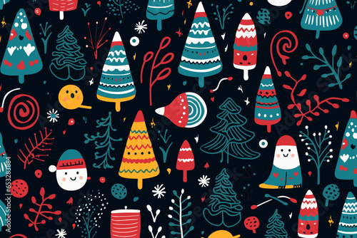 christmas quirky doodle pattern, wallpaper, background, cartoon, vector, whimsical Illustration