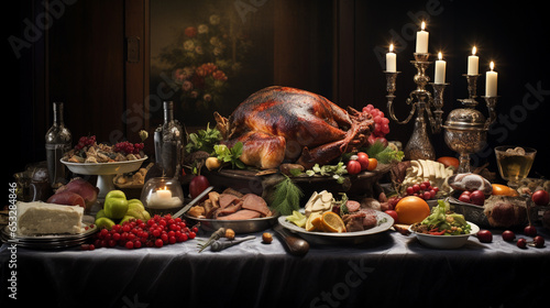 Repas de Noël Festif avec Dinde Rôtie au Centre