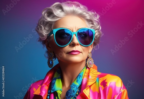 High fashion studio portrait of woman with sunglasses, beautiful makeup, bright neon colors