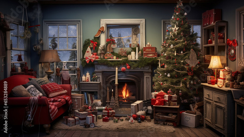Intérieur Chaleureux de Maison avec Feu de Cheminée, Sapin de Noël et Décoration Festive