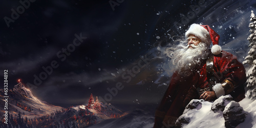 Père Noël Courageux au Sommet de la Montagne en Tempête de Neige