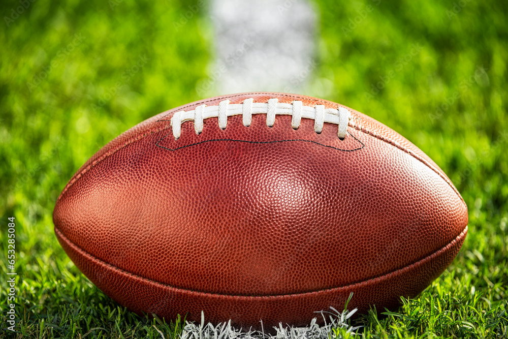 A low angle close-up view of a leather American Football sitting in the grass on a white yard line. A low angle close-up view of a leather American Football sitting in the grass on a white yard line.