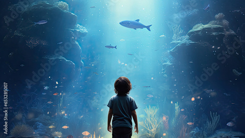 A young boy gazing in wonder at the underwater world of a large aquarium tank filled with tropical fish and even a shark. photo