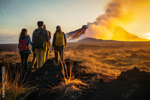 A volcanic mountain, with fiery lava, billowing smoke, and an awe-inspiring orange-red glow, creating a dramatic and dangerous natural spectacle.