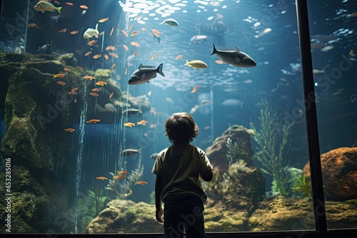 A group of excited children, including siblings and friends, watch in wonder at the captivating marine life inside an aquarium tank filled with tropical fish, coral, and a shark © Andrii Zastrozhnov