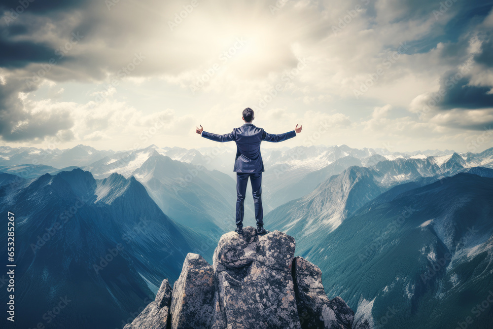 A determined businessman stands triumphantly atop a rugged mountain peak, symbolizing his career achievements and unwavering determination. - obrazy, fototapety, plakaty 