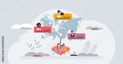 Worldwide web of connectivity and online connection tiny person concept. Global network with distant information transfer system and virtual cyberspace vector illustration. Communication technologies