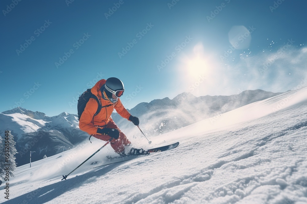A skier descends from a snowy mountain. Sports, recreation concept