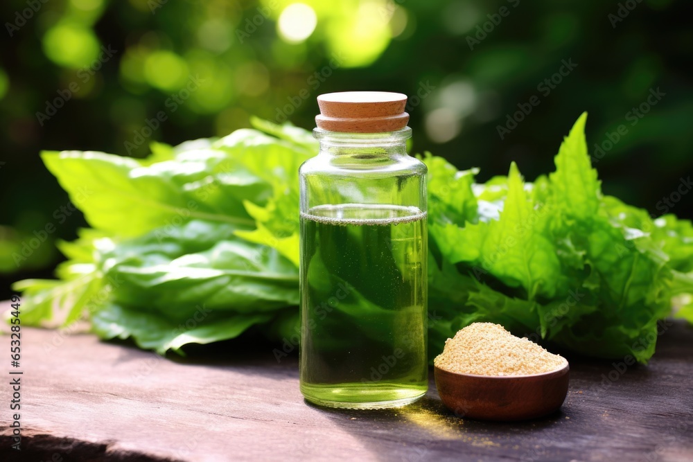 bottle of magnesium supplements against a backdrop of leafy greens bottle of magnesium supplements against a backdrop of leafy greens