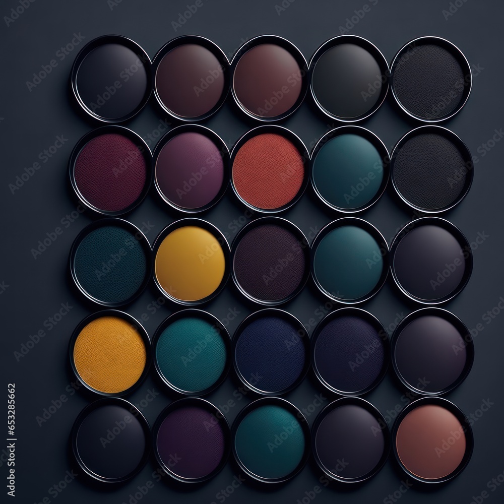 Colorful eyeshadow palette on black background. Top view. Professional multi-color makeup eyeshadow palette without traces of use. Colorful eyeshadow palette on black background. Top view. Professional multi-color makeup eyeshadow palette without traces of use.