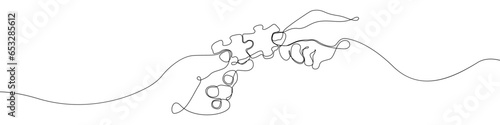 Hands with puzzles one line drawing vector. Team building continuous line drawing vector. Team work a single line drawing. Background contour line Business partners vector.