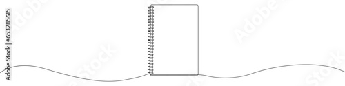 Notebook one line drawing vector. Copybook continuous line drawing vector. A notebook with a pen a single line drawing. Background contour line idea Notepad with pen vector.