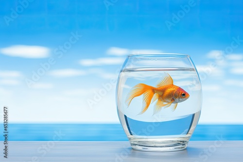 lonely goldfish in a glass of water on nature background