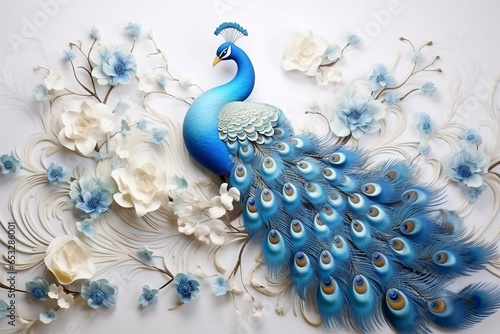 3d mural background blue peacock on branch wallpaper . with flowers for interior home wall