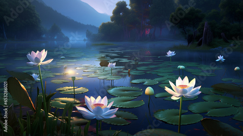 water lily in the pond at night