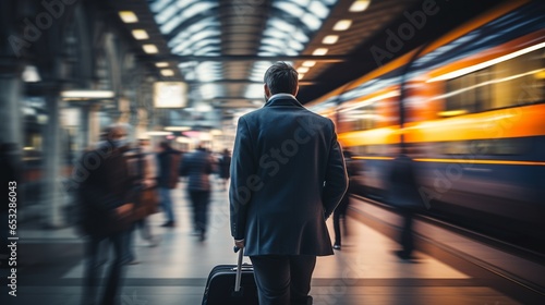 In an intense urban snapshot, a businessman, captured from behind, hurries through a bustling train station, his suitcase trailing in a dynamic blur.  photo