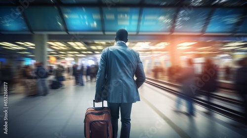 In an intense urban snapshot, a businessman, captured from behind, hurries through a bustling train station, his suitcase trailing in a dynamic blur.  photo
