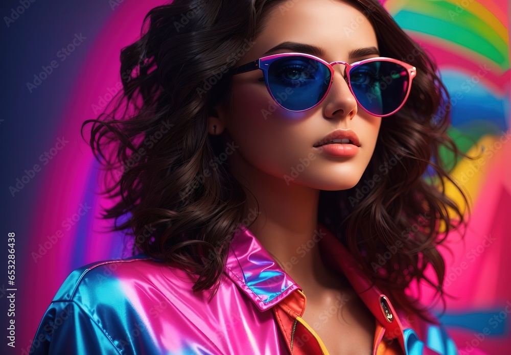 High fashion studio portrait of woman with sunglasses, beautiful makeup, bright neon colors