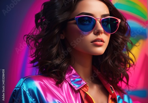 Wallpaper Mural High fashion studio portrait of woman with sunglasses, beautiful makeup, bright neon colors Torontodigital.ca