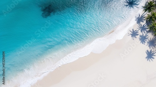 From above, the allure of a serene tropical beach unfolds, where pristine white sands meet crystal-clear azure waters. The harmonious curve of the coastline paints nature's symphony  photo