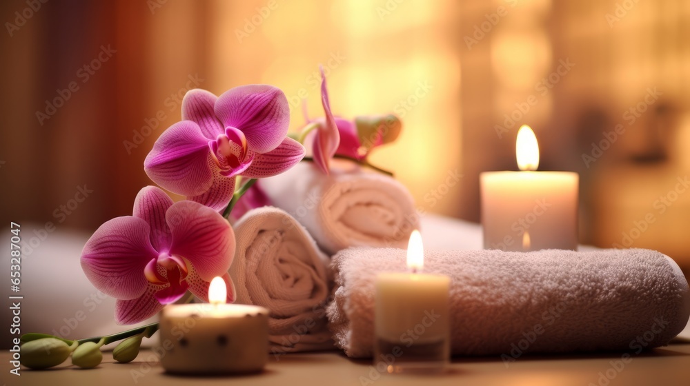 Spa still life with candles and orchid, Generative AI