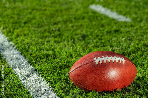 A low angle close-up view of a leather American Football sitting in the grass. It is next to a white yard line with hash marks in the background.