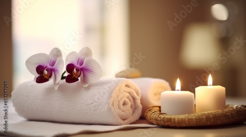Spa still life with candles and orchid  Generative AI