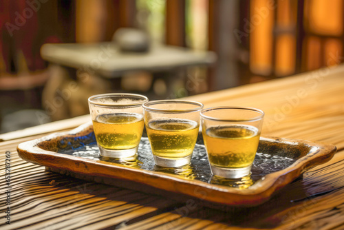 Three shots of a sake in a clear glasses, elegantly presented on a wooden table, offering a taste of Japan's traditional beverage.