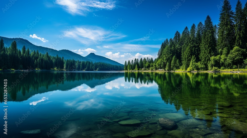 A tranquil lake, nestled within a dense forest's embrace, captures the heart of nature's beauty. The gentle ripples on the water's surface contrast the surrounding trees' stillness