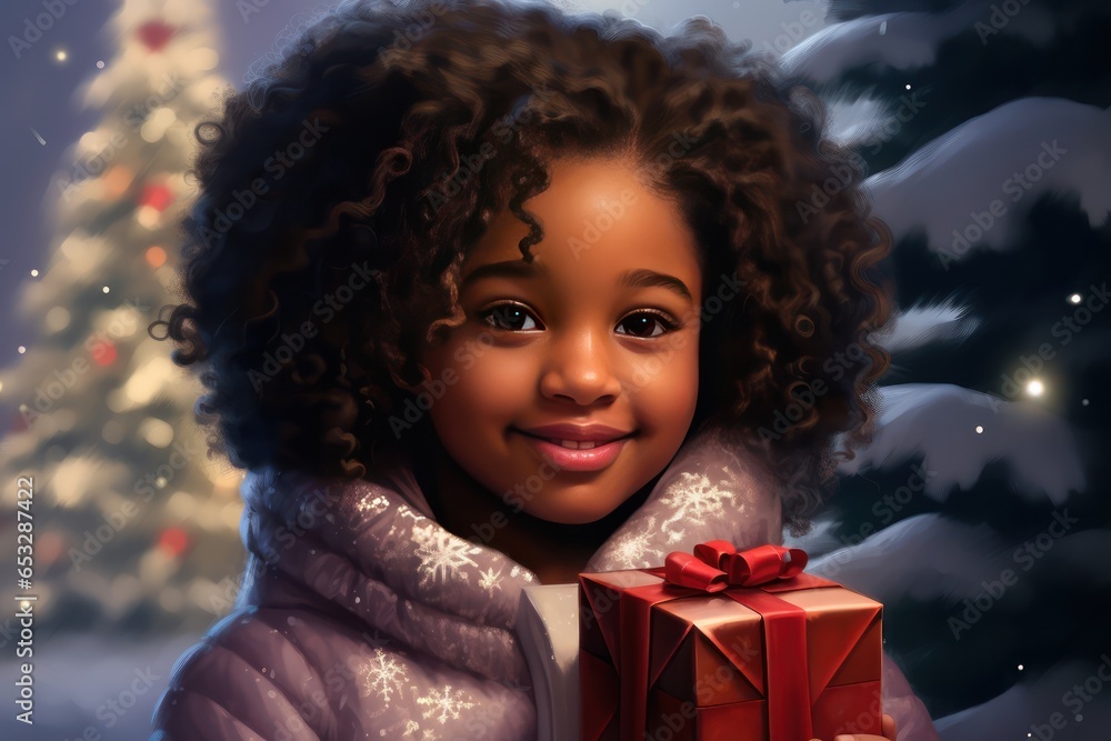 Picture of a little African American girl with a Christmas gift in her hands. On the background is decorated Christmas tree. Outdoor. Picture of a little African American girl with a Christmas gift in her hands. On the background is decorated Christmas tree. Outdoor.