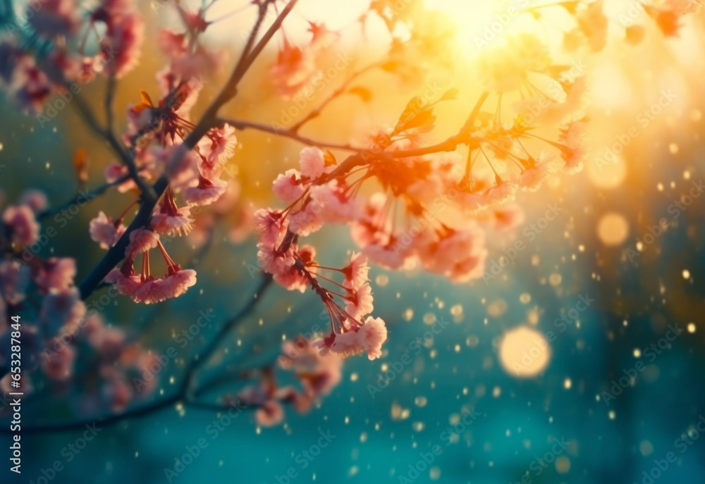 Fototapeta premium Ephemeral Beauty of Floating Petals - Delicate Spring Bloom with Enchanting Colors of Teals & Yellows, Bokeh & Orange Sunlight. Generative AI.