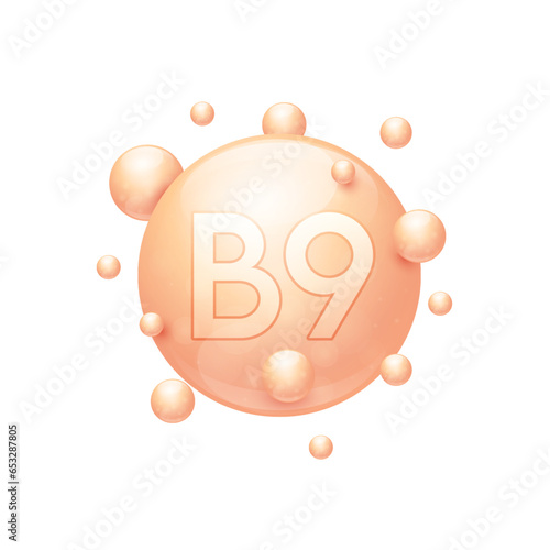 Vitamin B9 capsules orange nutrients minerals that are essential the body. Vitamins complex for skin care cosmetics dietary supplement design. Medical concepts. Icon 3D on white background. Vector.