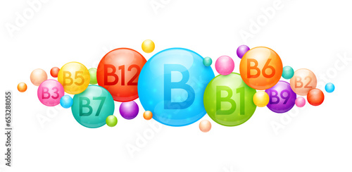 Vitamins B complex capsules on white background. Nutrients, minerals that are essential the body. Multivitamin for skin care cosmetics or dietary supplement banner design. Medical concepts. 3D Vector.