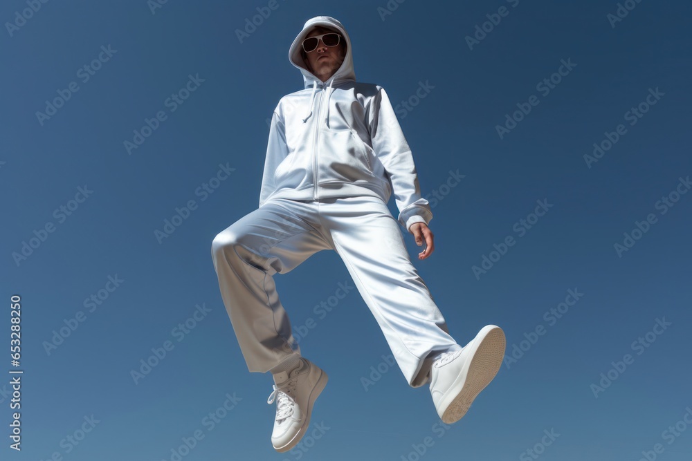 Caucasian Man Jumping From Sky Hip Hop Dance Move Blue Sky Background