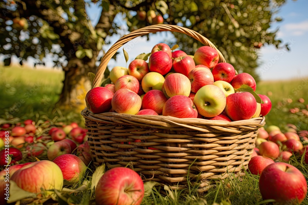 Basket full of freshly picked red apples in an orchard. Generative AI Basket full of freshly picked red apples in an orchard. Generative AI