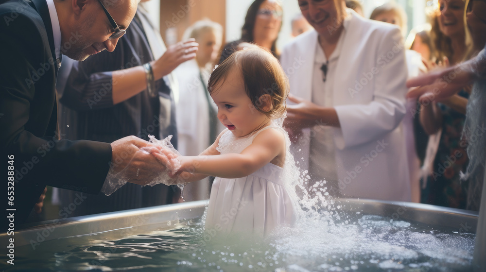 Generative AI, sacrament of baptism of a small child in a Christian temple, religious traditional rite, ablution, Catholicism, Orthodoxy, church, cathedral, priest, family, baby, boy, girl, holy water