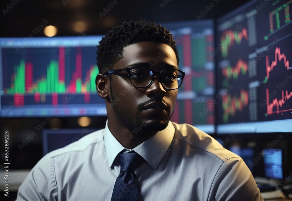 Portrait of Black Stock Market Trader Doing Analysis of Investment Charts Portrait of Black Stock Market Trader Doing Analysis of Investment Charts